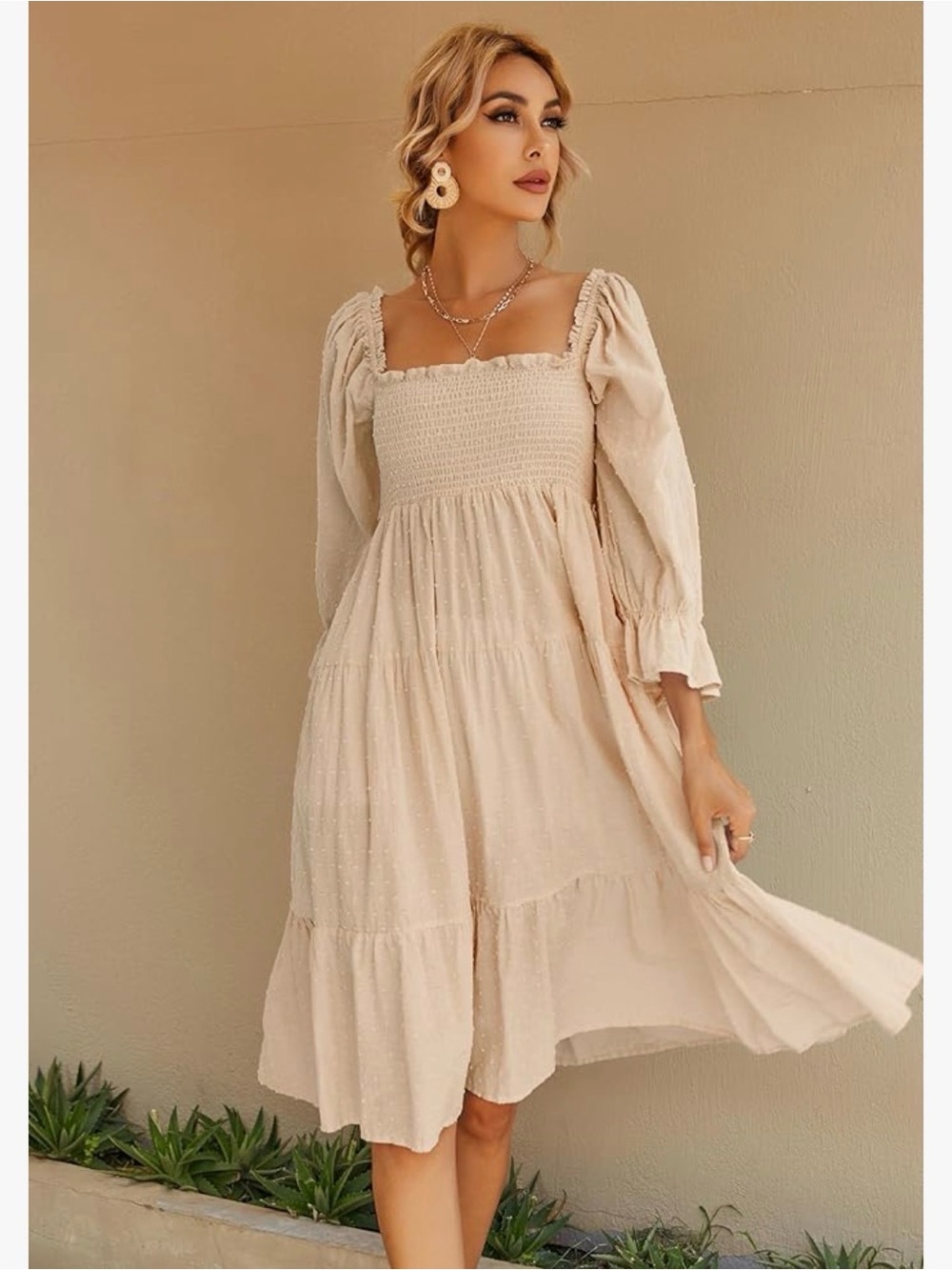 Cream Square-Neck Tiered Midi Dress